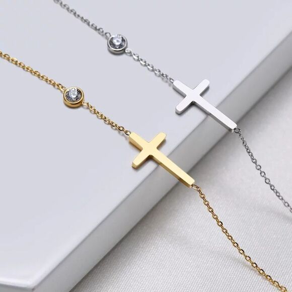 Silver Sideways Cross Bracelet Cubic Zircon Charm - Picture 3 of 5